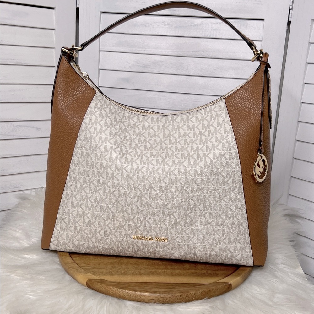 Michael Kors Signature Logo Gold Studs Zip Closure Large Bag Neutral EUC